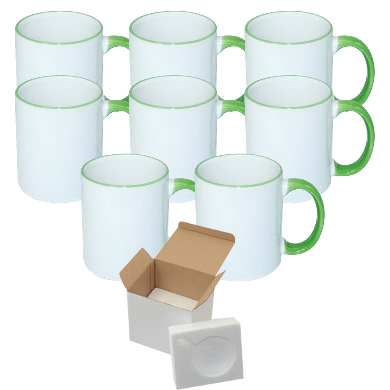 8 Pcs 11OZ Light Green Rim & Handle Sublimation Mugs With Foam Support Boxes